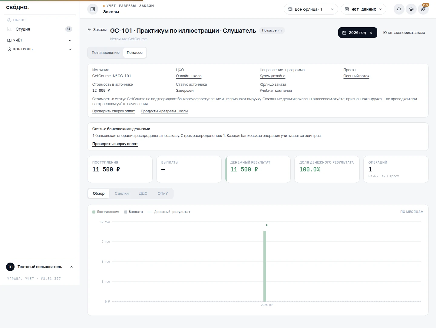 Карточка заказа GetCourse: исходная стоимость и статус отдельно от подтверждённого банковского движения