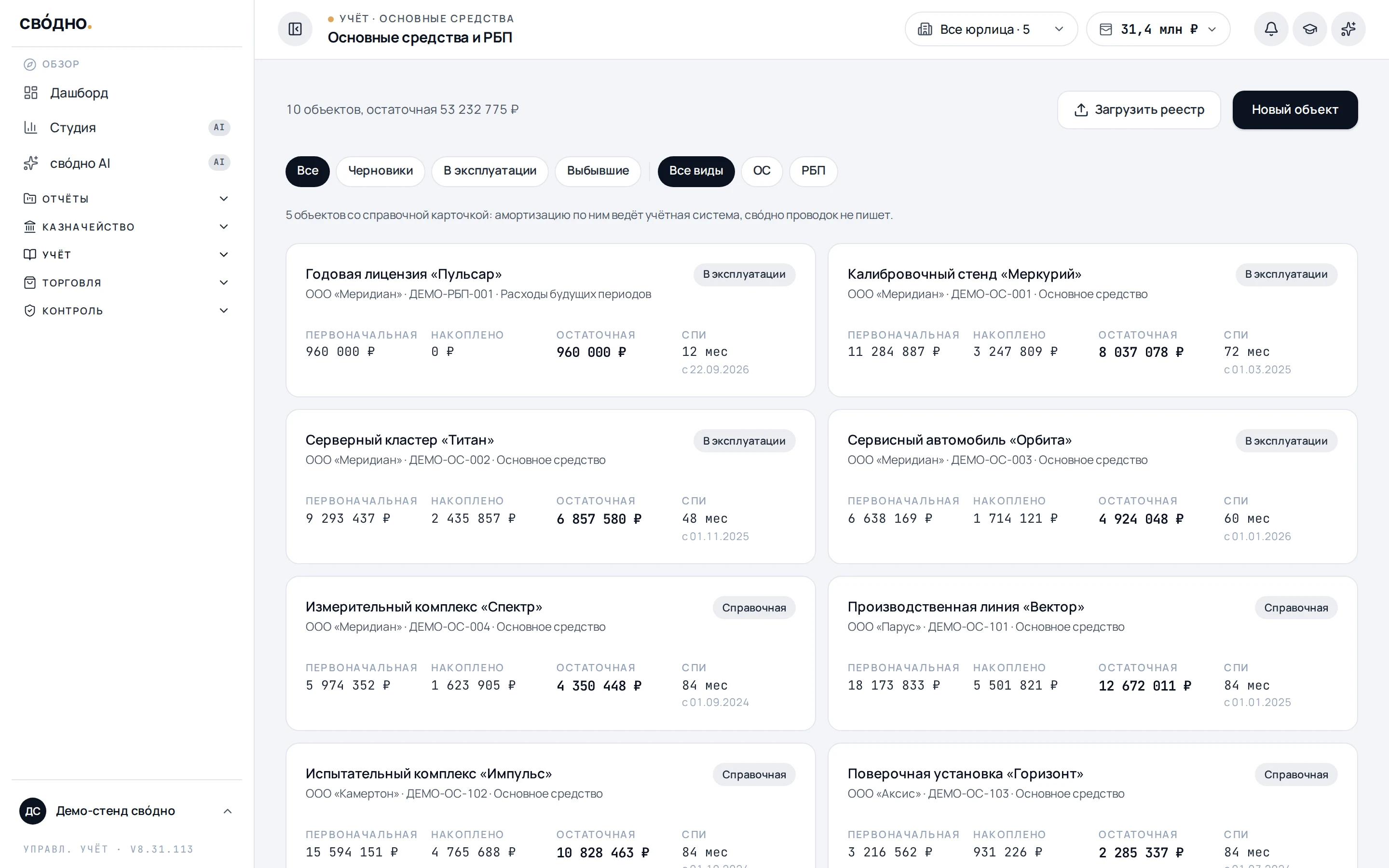 Реестр основных средств и РБП в свóдно: счётчик объектов с общей остаточной стоимостью, фильтры по статусу и виду, карточки объектов с первоначальной, накопленной и остаточной стоимостью и сроком полезного использования